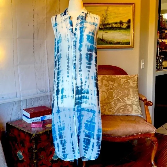 Go Silk Blue and White Tie Dye Duster or Swimsuit Cover Up - Picture 4 of 16